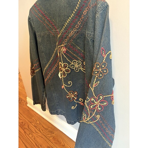 Units Woman 2X Denim Button Long Sleeve Shirt Jacket Beading Mixed Media Boho - Picture 3 of 10